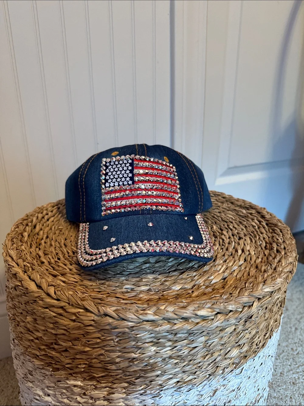 Denim Baseball Cap with Rhinestone American Flag - NWOT
